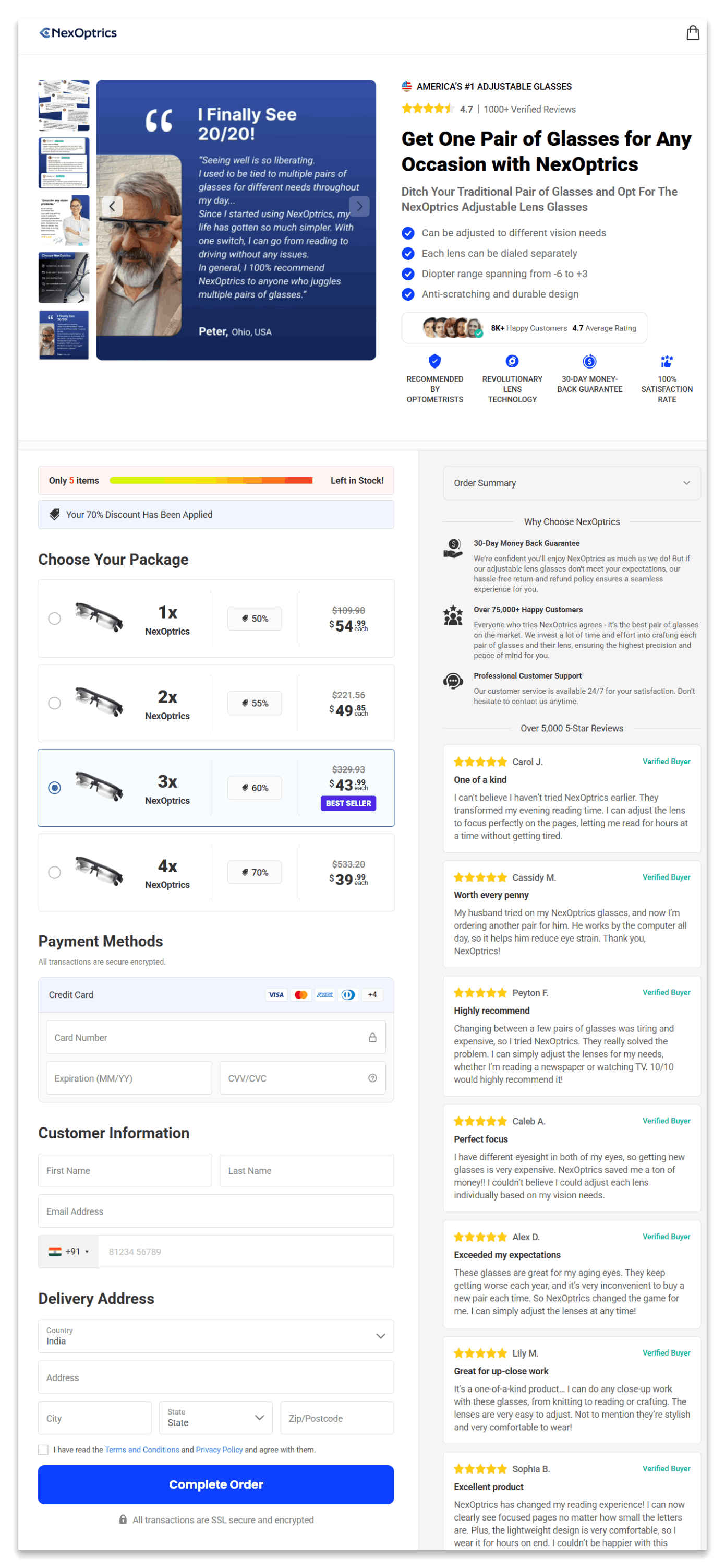 NexOptrics Adjustable Glasses checkout page